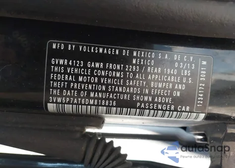 2013 Volkswagen Beetle 2.5L из США, поврежденный, VIN 3VW5P7AT6DM818836